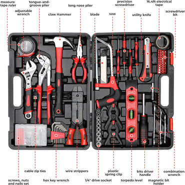 218 Piece Tool Box Tool Set with Screwdriver, Hex Sockets, Hammer, Pliers, for Household, DIY, Cars, Garage
