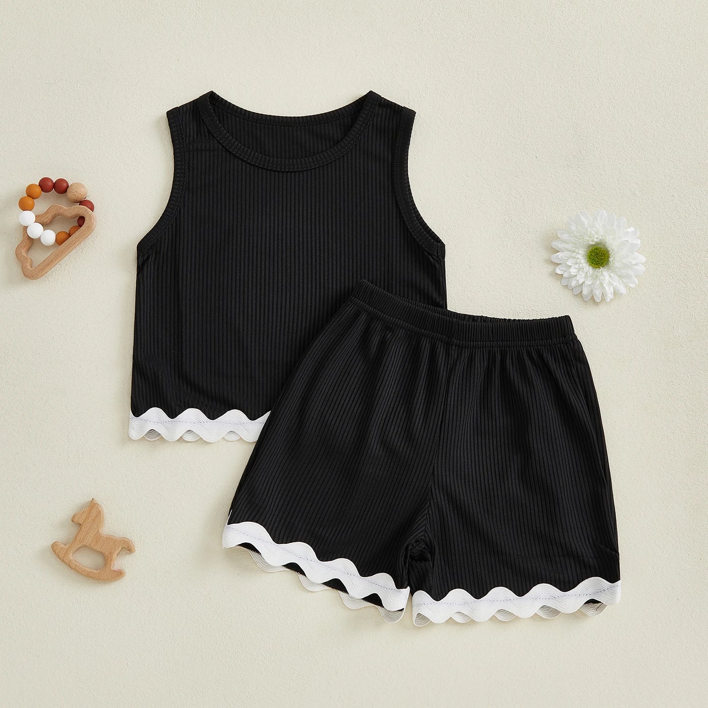 Girls Ruffle Sleeve Top and Denim Shorts Set with Elastic Waistband and Embroidered Details - 2 Piece Summer Ensemble
