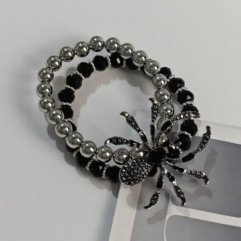 Gothic Black Spider Beads Bracelet for Women Men Unique Spider Web Charm Dark Personality Handmade Jewelry Gifts Accessories