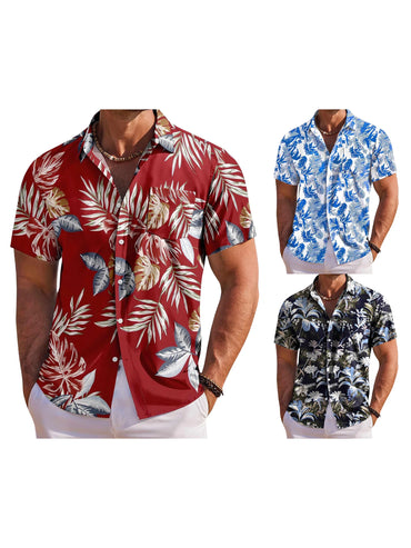 Men s Tropical Print Short Sleeve Hawaiian Shirt with Button Down Collar for Casual Beachwear and Everyday Wear