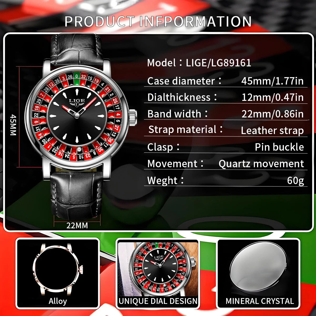 LIGE Quartz Man Watch Fashion Luxury Creative Roulette Game Dial Design Leather Casual Life Waterproof Watches for Men Gifts+Box