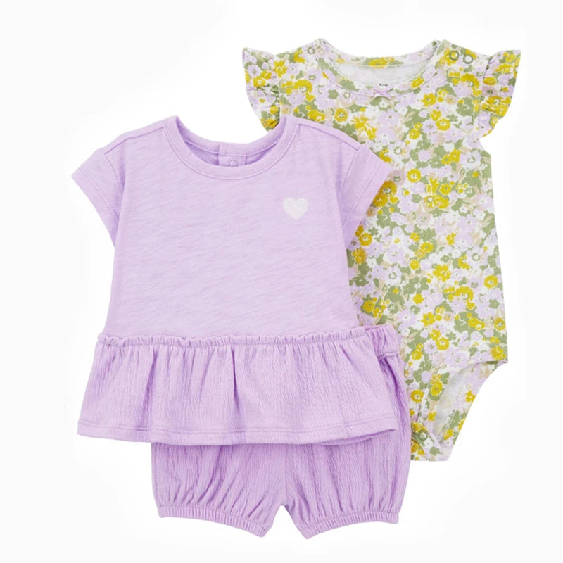 Summer Baby Girls Clothes Set Cotton Flower Fashion Infant Outfits Short Sleeved Bodysuit Shorts 3Pcs kids Clothing 6-24 Months