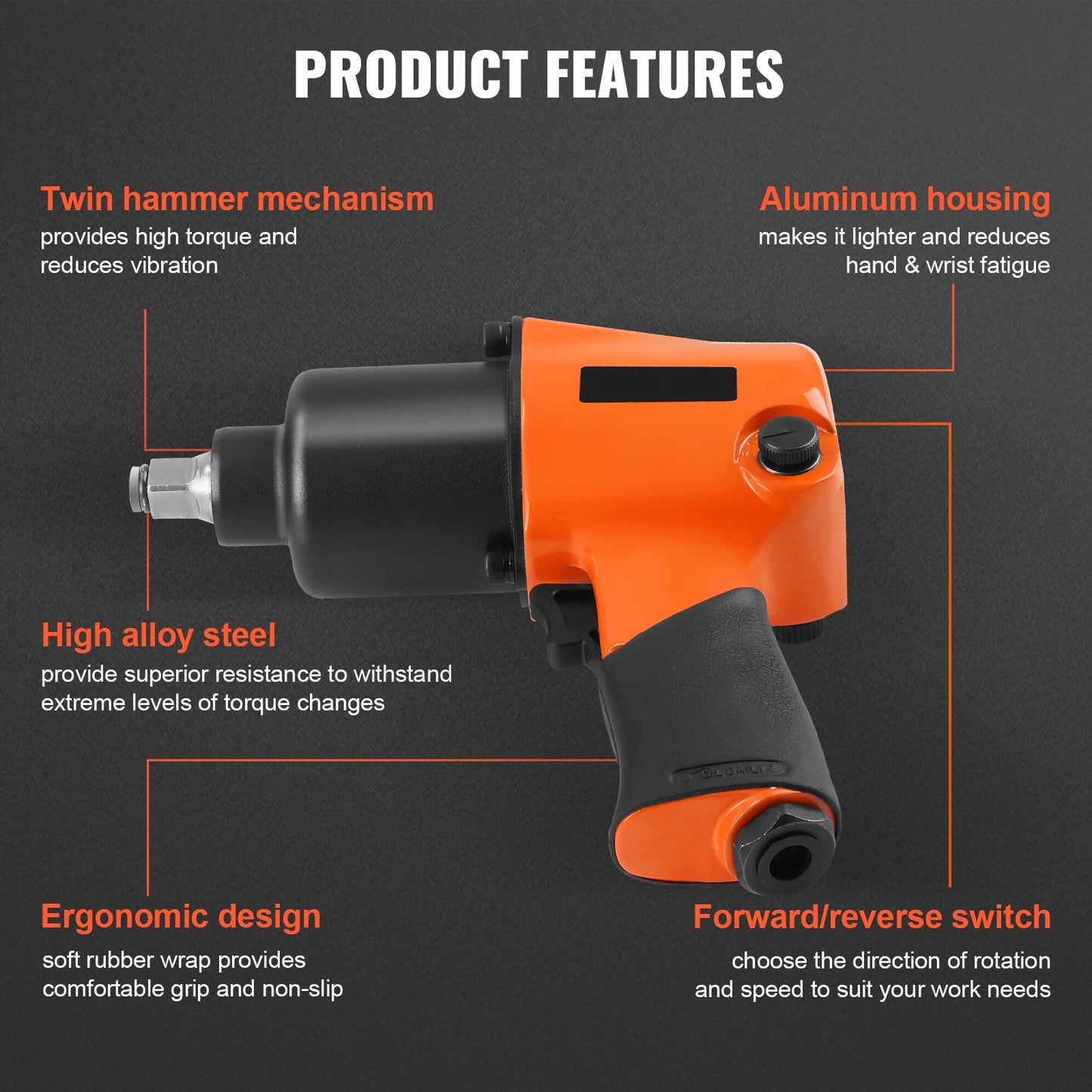 SucceBuy Air Impact Wrench 1/2"Square Drive Air Impact Gun Up to 880ft-lbs Nut-busting Torque 7500RPM Lightweight Pneumatic Tool