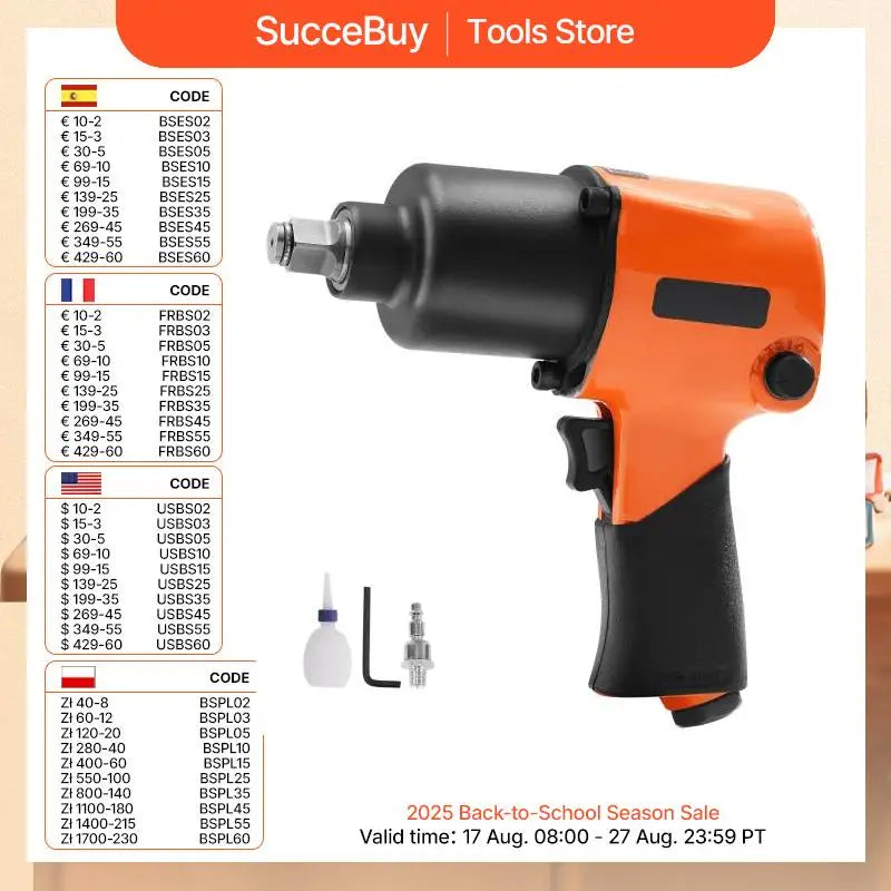 SucceBuy Air Impact Wrench 1/2"Square Drive Air Impact Gun Up to 880ft-lbs Nut-busting Torque 7500RPM Lightweight Pneumatic Tool