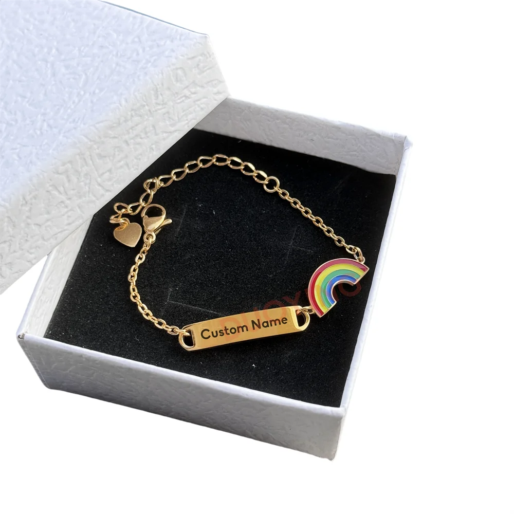 DUOYING Customised Rainbow Name Bracelet Engraved Letter ID Flower Bar Bangle Adjustable Strawberry Bracelet For Kids Gift
