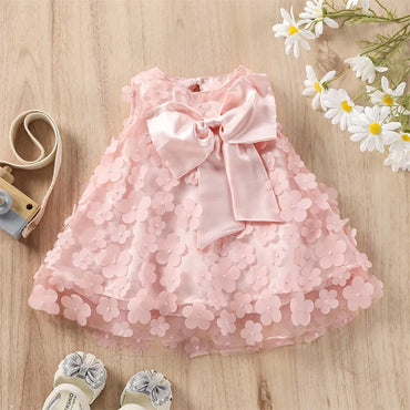 Infant Girls Sleeveless Dress with Floral Print Mesh Patchwork Bow Detail - Cute and Casual Solid Color Dress