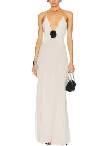 Elegant Women s Sleeveless V Neck Maxi Dress with Floral Embellishments for Summer Evening Parties and Events