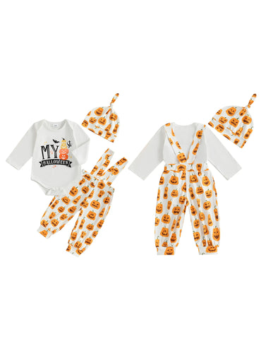 Infant Halloween 3-Piece Outfit Long Sleeve Bodysuit Pumpkin Print Overalls Beanie Set for Baby Boys Girls