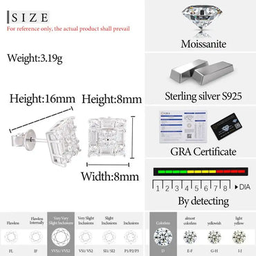 Orginal Silver 925 Stud Earrings for Men Women Luxury D Color Moissanite GRA Certified Push Back HipHop Wedding Jewelry Gifts