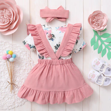 3Pcs Baby Girl Beautiful Flower Bodysuit Ruffled Shoulder Strap skirt+Headband Set 0-24 Months Toddler Baby Girl Summer Set