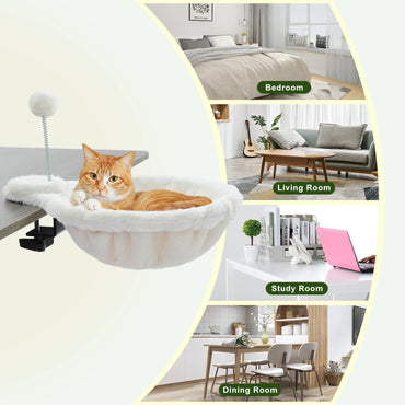 Cozy Removable&Portable Cat Bed,Safe Cat Hammock&Basket with Interactive Plush Ball Toy, Beige,Perfect for Indoor Cats&Desk Use