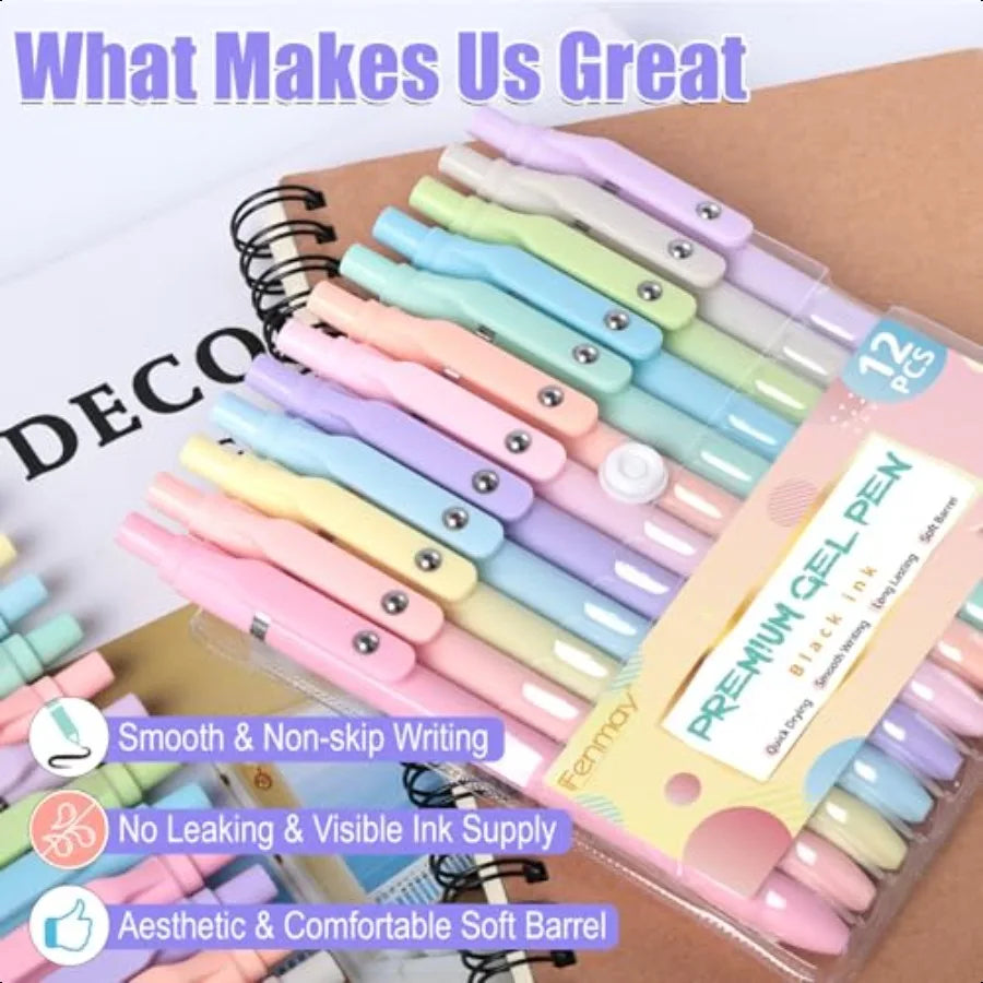 Gel Pens 12 Pcs 0.5mm Fine Point Aesthetic Pens Quick Dry No Smudge Smooth Writing Comfortable Grip Pen Cute Black Ink Journali