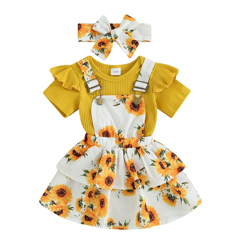 Toddler Girls 3-Piece Summer Set Ruffle Sleeve Top Floral Shorts and Bow Headband - Cute Baby Outfit for Newborns