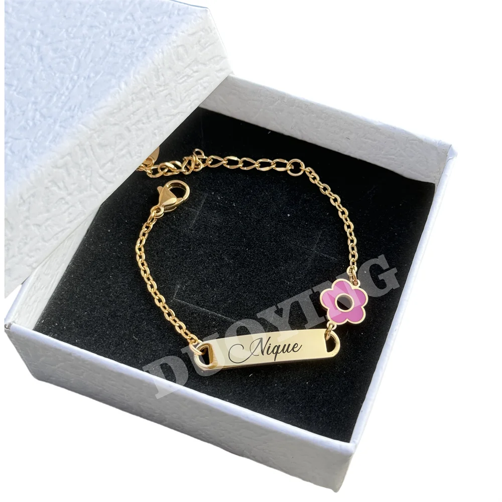 DUOYING Customised Rainbow Name Bracelet Engraved Letter ID Flower Bar Bangle Adjustable Strawberry Bracelet For Kids Gift