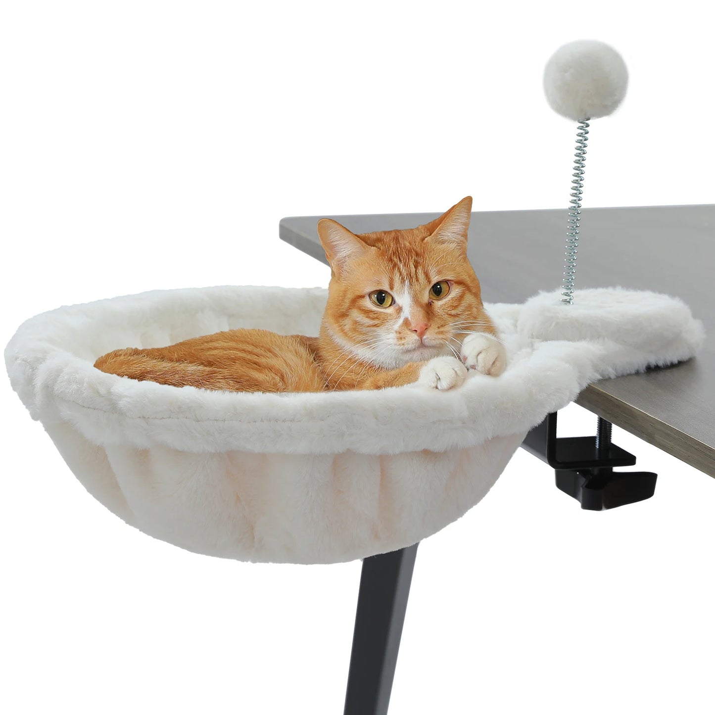 Cozy Removable&Portable Cat Bed,Safe Cat Hammock&Basket with Interactive Plush Ball Toy, Beige,Perfect for Indoor Cats&Desk Use