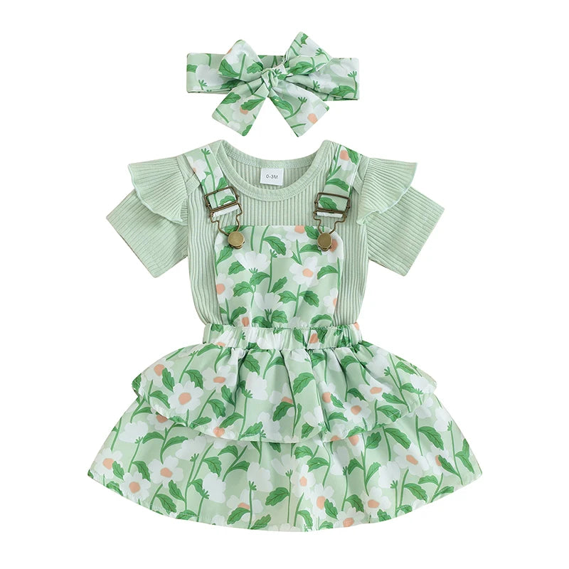 Toddler Girls 3-Piece Summer Set Ruffle Sleeve Top Floral Shorts and Bow Headband - Cute Baby Outfit for Newborns