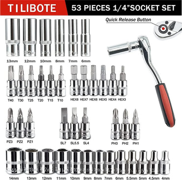 46PCS 1/4 inch Drive Socket Set,Metric Ratchet Wrench Set with 4-14mm CR-V Sockets, Mechanic Tool Kits for Household Auto Repair