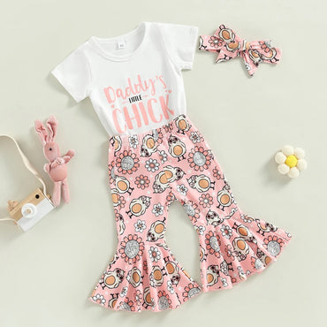 Baby Girls Easter Outfit Sets Pink Ruffle Sleeve Top Bunny Print Leggings Matching Headband and Bow
