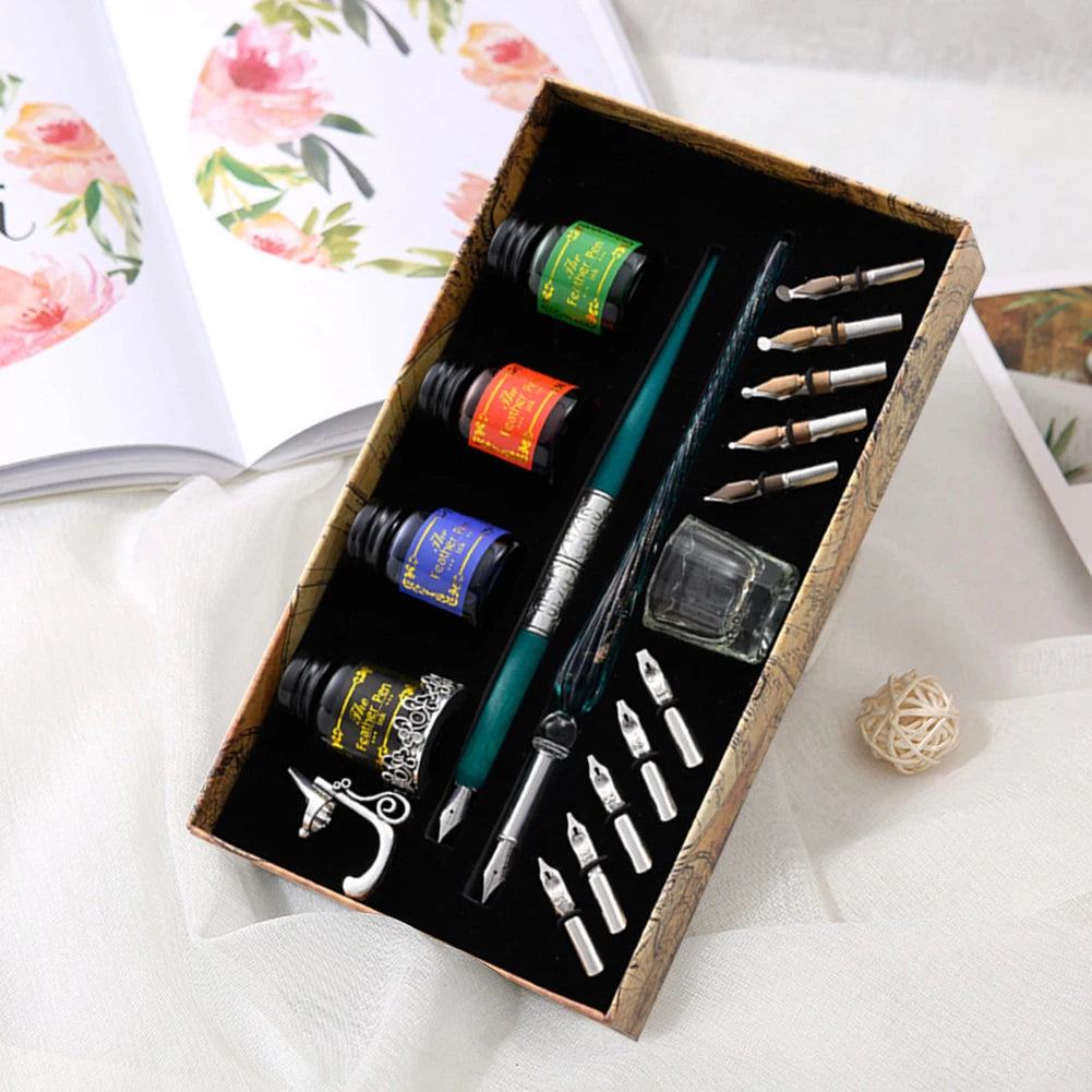 European Dip Pen Fountain Retro Starry Sky Glass Calligraphy Pen Stationery Gift