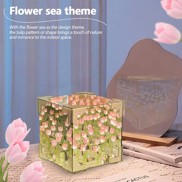 Tulip Night Light LED Decorative Nights Lamp Handmade DIY Tulip Mirror Night Light Tulip Cube Mirror Lamp Flowers Birthday Gifts
