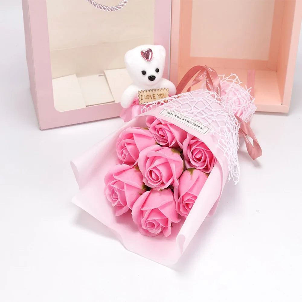Valentine's Day Artificial Rose Bouquet Gift Box with Teddy Bear - Soap Flower Roses for Mother's Day, Christmas,
