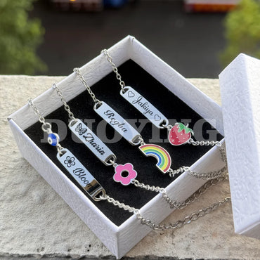 DUOYING Customised Rainbow Name Bracelet Engraved Letter ID Flower Bar Bangle Adjustable Strawberry Bracelet For Kids Gift