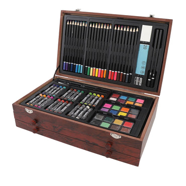 142PCS Set Wooden Art Set 24PCS Colored Pencils 24PCS Oil Pastels 60PCS Crayons Watercolor Paints Erasers Pencil Rollers Sketchb