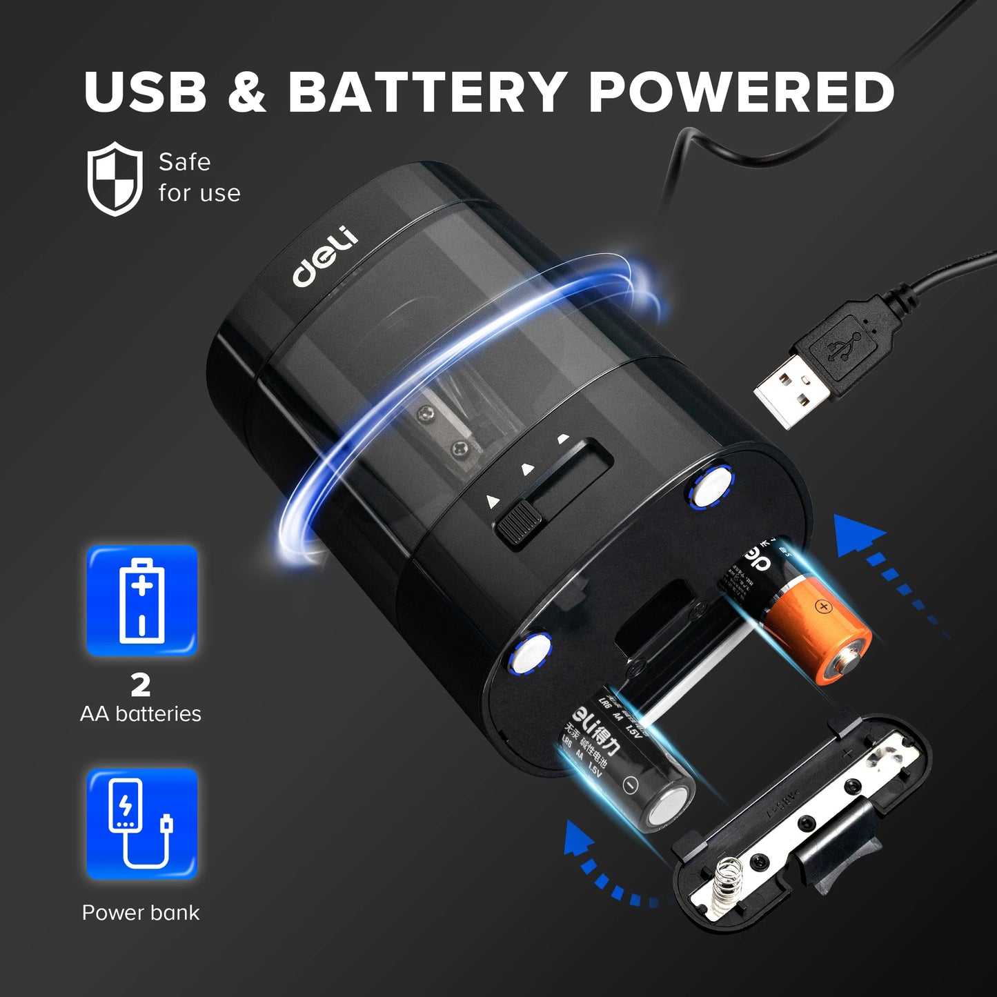 Deli Electric & Battery Pencil Sharpener, Automatic with Adjustable Thickness