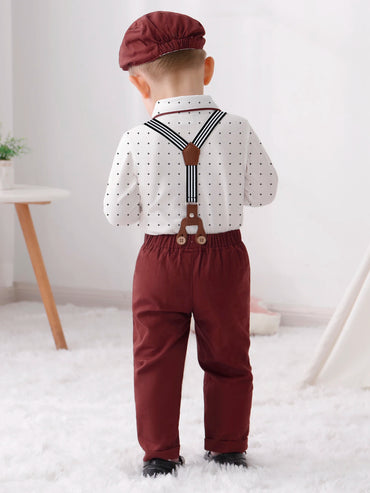 Baby Boy Clothes Infant Boy Gentleman Outfits Suit,Dress Shirt + Suspender Pants + Bowtie + Beret Hat Wedding