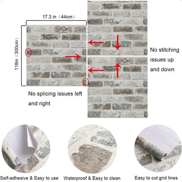17.3"×118" Brick Peel and Stick Wallpaper Brick Wallpaper Grey Brown 3D Brick Self Adhesive Contact Paper Textured Removable Vi