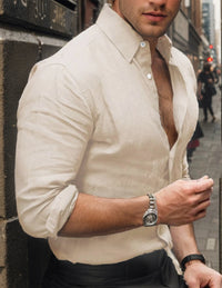 Men's Cotton Linen Collared Button-Up Business Shirt, Breathable and Comfortable, Suitable for Office and Formal Occasions