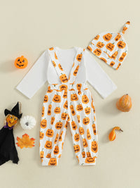 Infant Halloween 3-Piece Outfit Long Sleeve Bodysuit Pumpkin Print Overalls Beanie Set for Baby Boys Girls