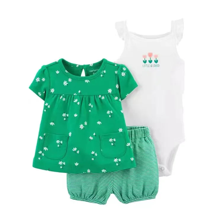 Summer Baby Girls Clothes Set Cotton Flower Fashion Infant Outfits Short Sleeved Bodysuit Shorts 3Pcs kids Clothing 6-24 Months