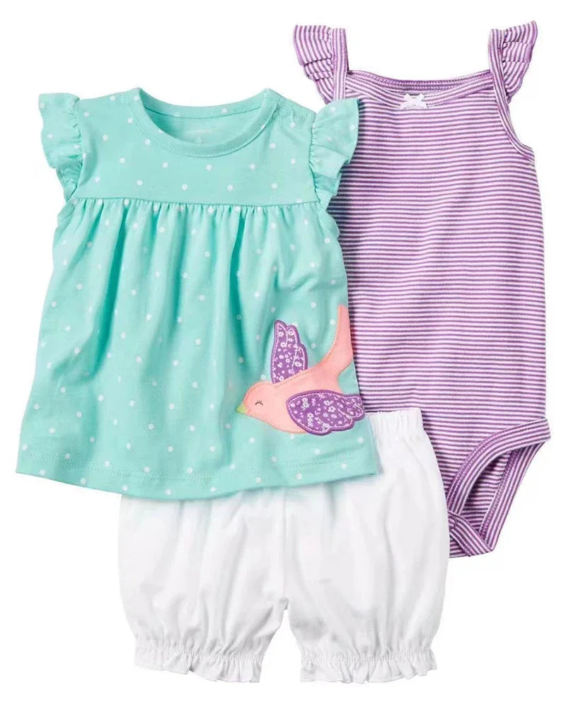 Summer Baby Girls Clothes Set Cotton Flower Fashion Infant Outfits Short Sleeved Bodysuit Shorts 3Pcs kids Clothing 6-24 Months