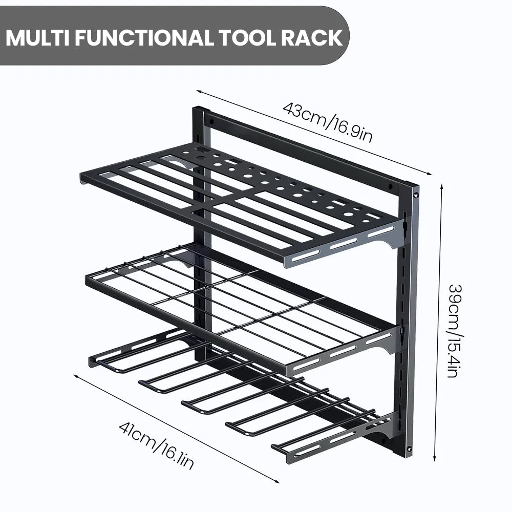 AIRAJ Wall-Mounted 3-Tier Storage Rack For Electric Tools Adjustable Heavy-Duty Garage Tool Organizer With Cordless Drill Holder