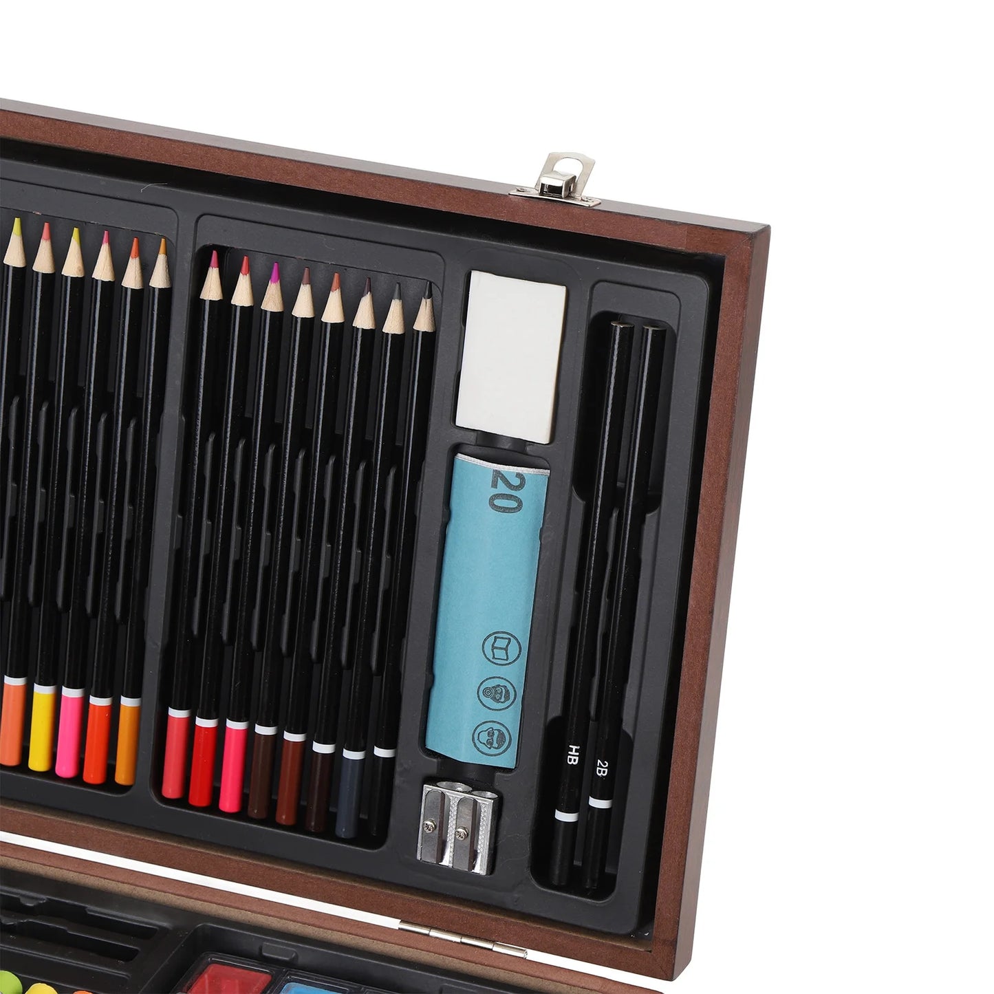 142PCS Set Wooden Art Set 24PCS Colored Pencils 24PCS Oil Pastels 60PCS Crayons Watercolor Paints Erasers Pencil Rollers Sketchb