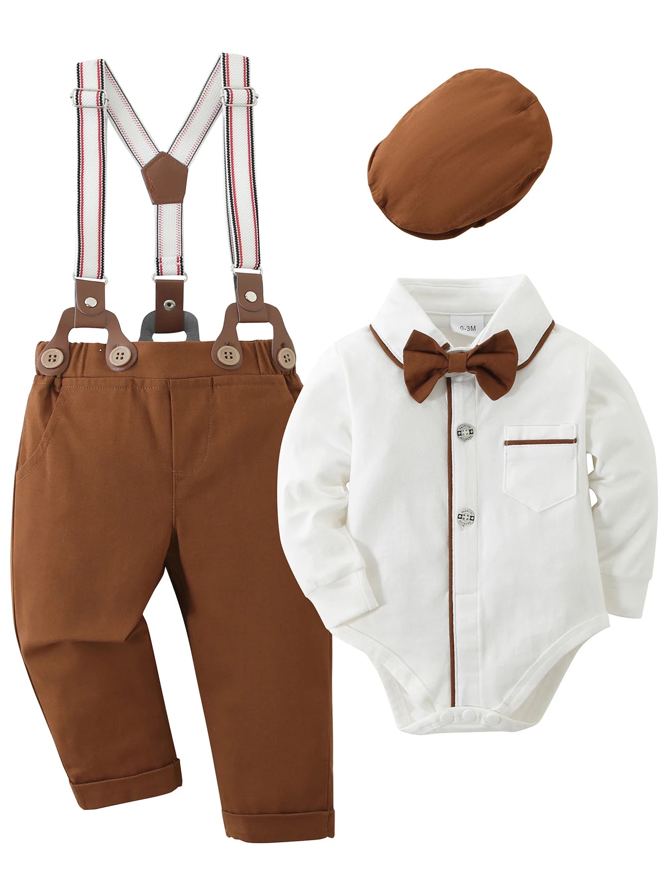Baby Boy Clothes Infant Boy Gentleman Outfits Suit,Dress Shirt + Suspender Pants + Bowtie + Beret Hat Wedding