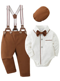 Baby Boy Clothes Infant Boy Gentleman Outfits Suit,Dress Shirt + Suspender Pants + Bowtie + Beret Hat Wedding