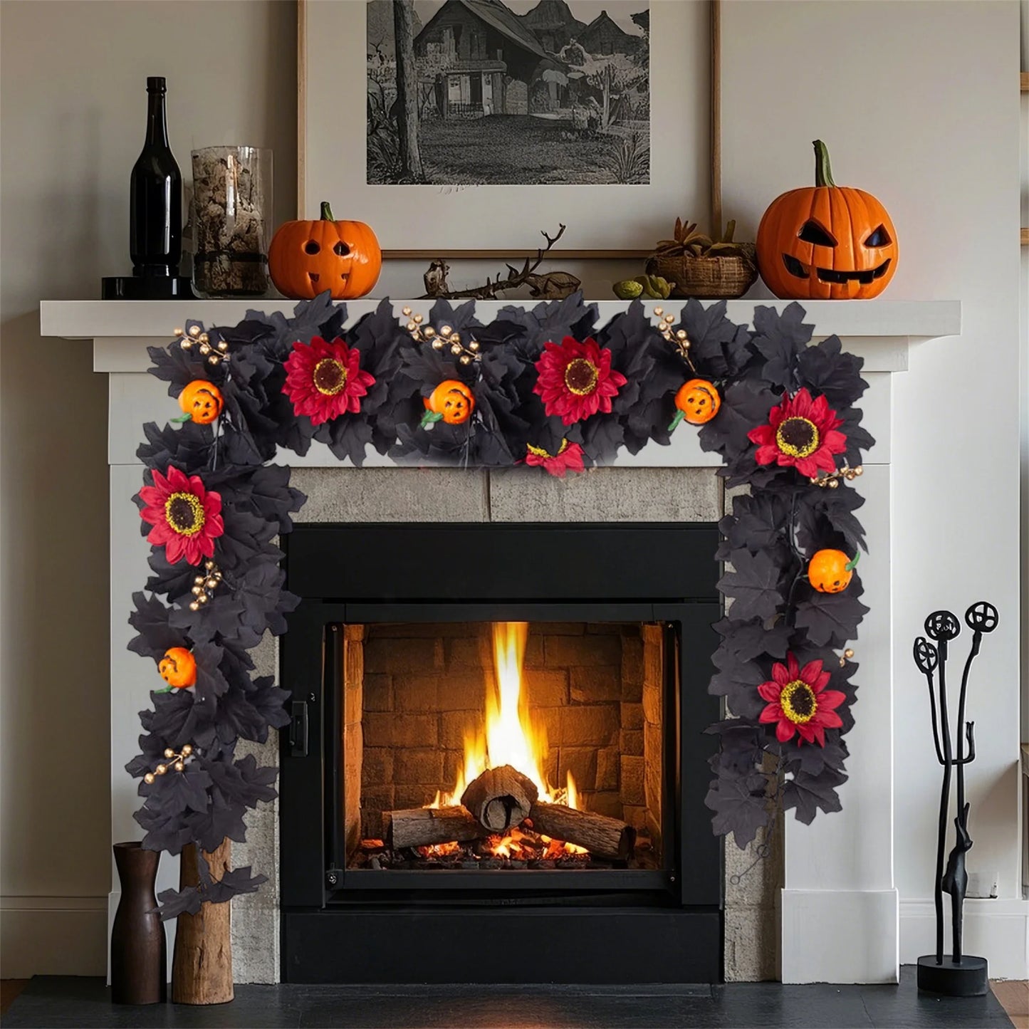 Artificial Fall Maple Leaf Wreath with Pumpkins and Berries for Halloween Thanksgiving Harvest Home Decorations