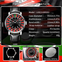 LIGE Quartz Man Watch Fashion Luxury Creative Roulette Game Dial Design Leather Casual Life Waterproof Watches for Men Gifts+Box