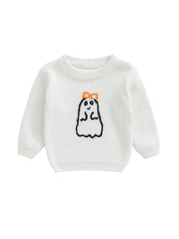 Infant Baby Boy Halloween Sweater Pumpkin Patchwork Applique Ribbed Crew Neck Long Sleeve Knitted Tops for Autumn Winter