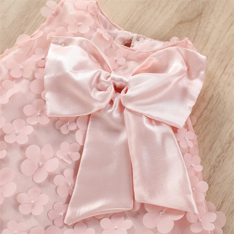 Infant Girls Sleeveless Dress with Floral Print Mesh Patchwork Bow Detail - Cute and Casual Solid Color Dress