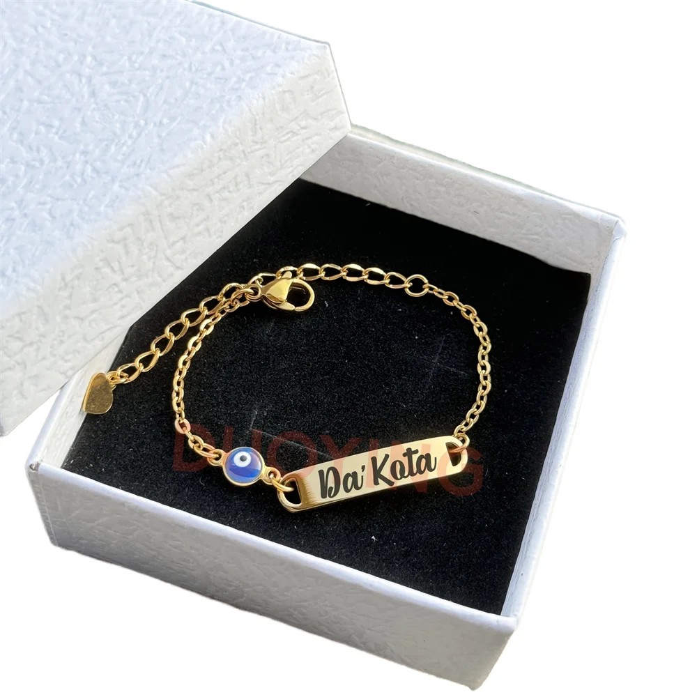 DUOYING Customised Rainbow Name Bracelet Engraved Letter ID Flower Bar Bangle Adjustable Strawberry Bracelet For Kids Gift