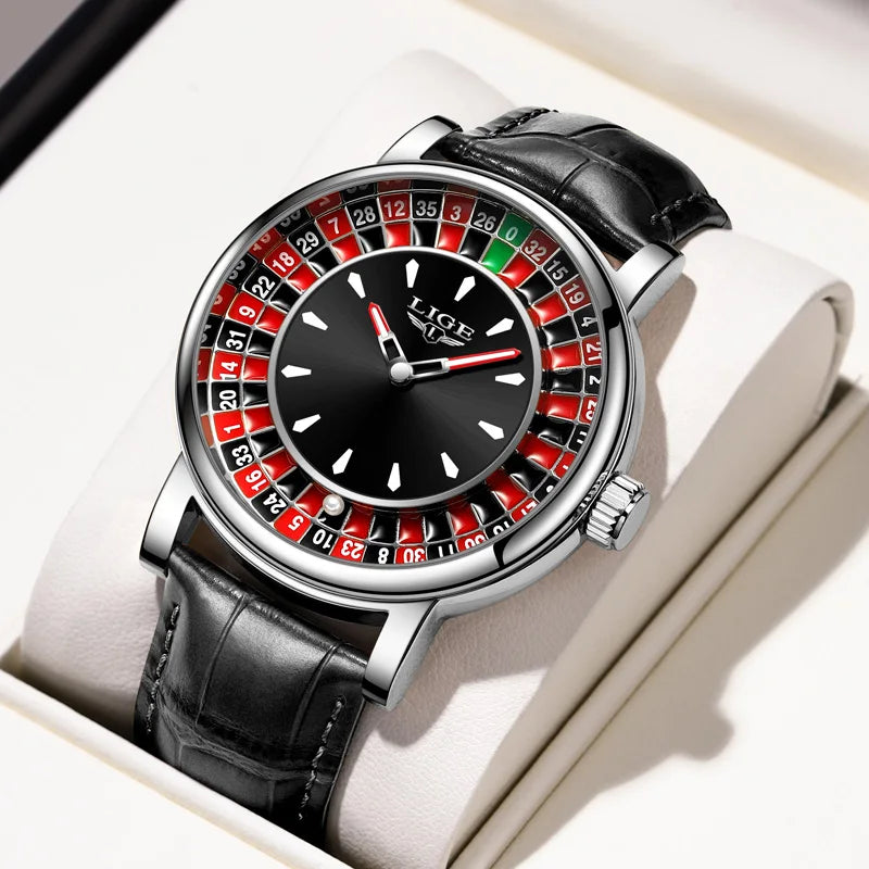 LIGE Quartz Man Watch Fashion Luxury Creative Roulette Game Dial Design Leather Casual Life Waterproof Watches for Men Gifts+Box