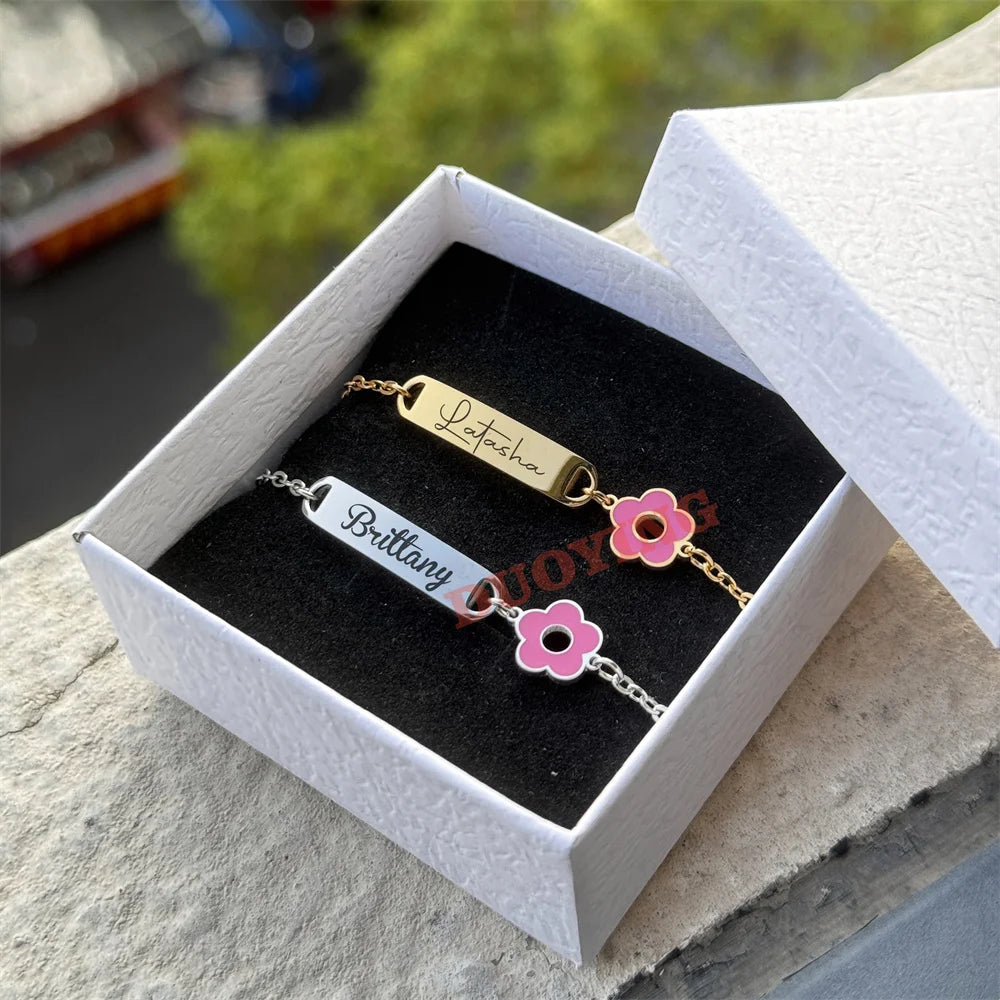 DUOYING Customised Rainbow Name Bracelet Engraved Letter ID Flower Bar Bangle Adjustable Strawberry Bracelet For Kids Gift