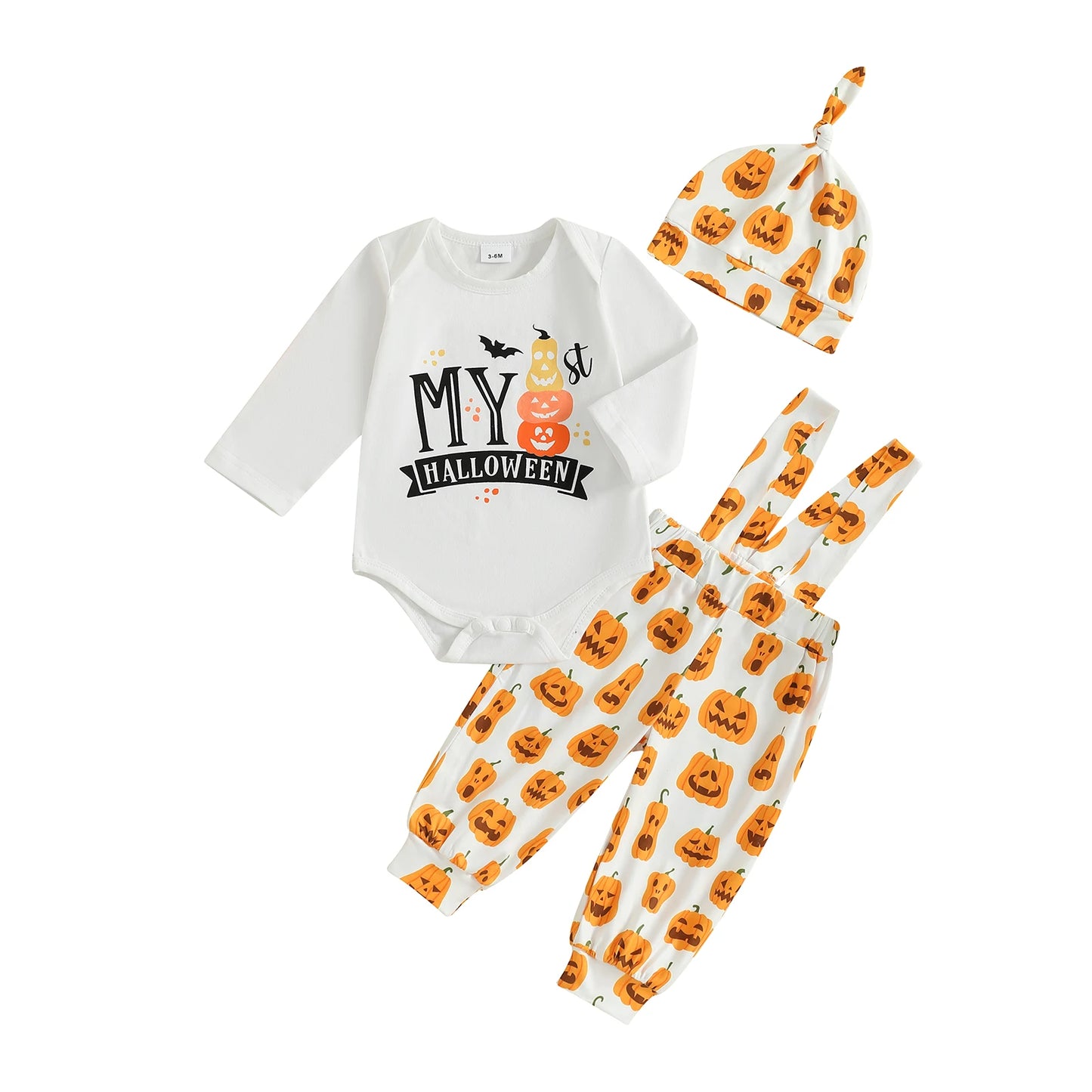 Infant Halloween 3-Piece Outfit Long Sleeve Bodysuit Pumpkin Print Overalls Beanie Set for Baby Boys Girls