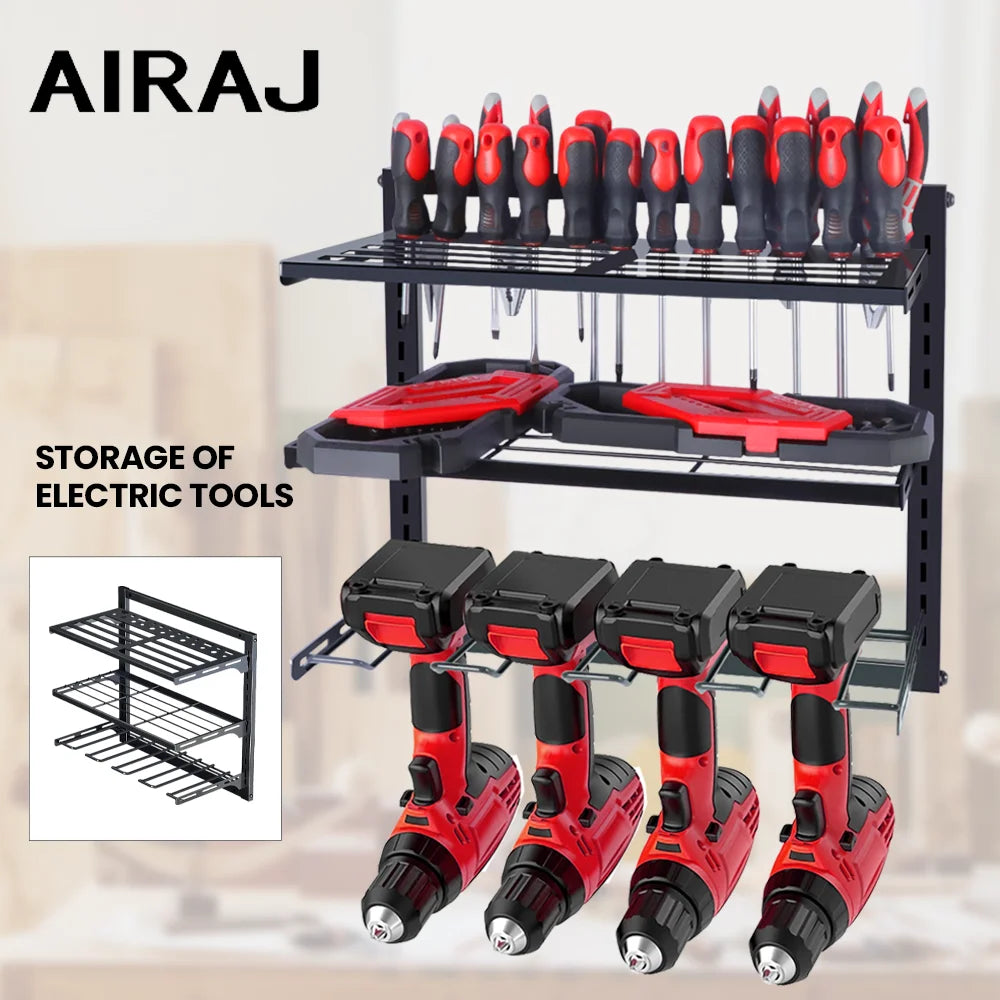 AIRAJ Wall-Mounted 3-Tier Storage Rack For Electric Tools Adjustable Heavy-Duty Garage Tool Organizer With Cordless Drill Holder