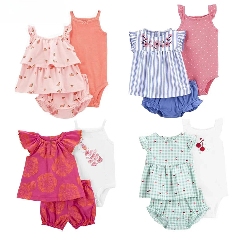 Summer Baby Girls Clothes Set Cotton Flower Fashion Infant Outfits Short Sleeved Bodysuit Shorts 3Pcs kids Clothing 6-24 Months