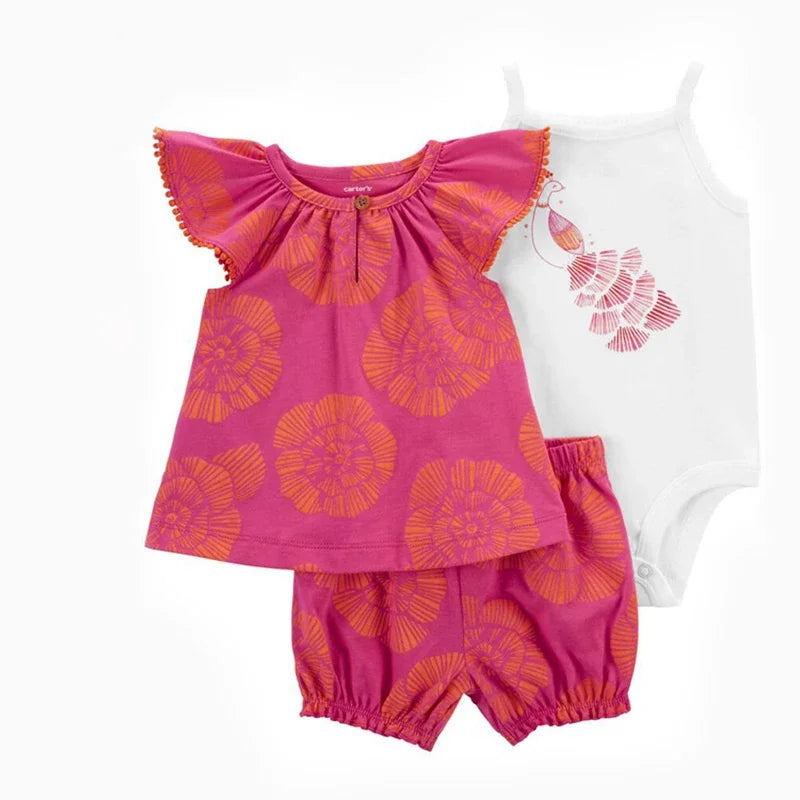 Summer Baby Girls Clothes Set Cotton Flower Fashion Infant Outfits Short Sleeved Bodysuit Shorts 3Pcs kids Clothing 6-24 Months