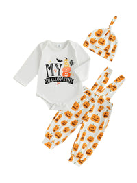 Infant Halloween 3-Piece Outfit Long Sleeve Bodysuit Pumpkin Print Overalls Beanie Set for Baby Boys Girls